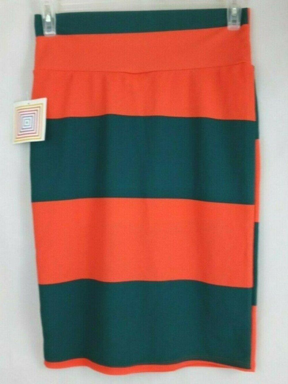NWT LuLaRoe Cassie Pencil Skirt With Green & Orange Wide Stripes Design Size M